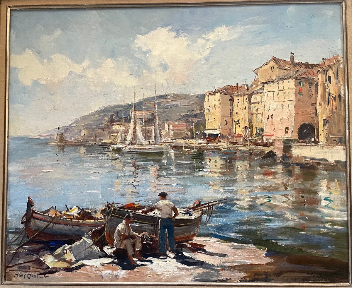 Large Oil Painting On Canvas Tony Cardella XXth Fishing Boats In Port Marine-photo-2