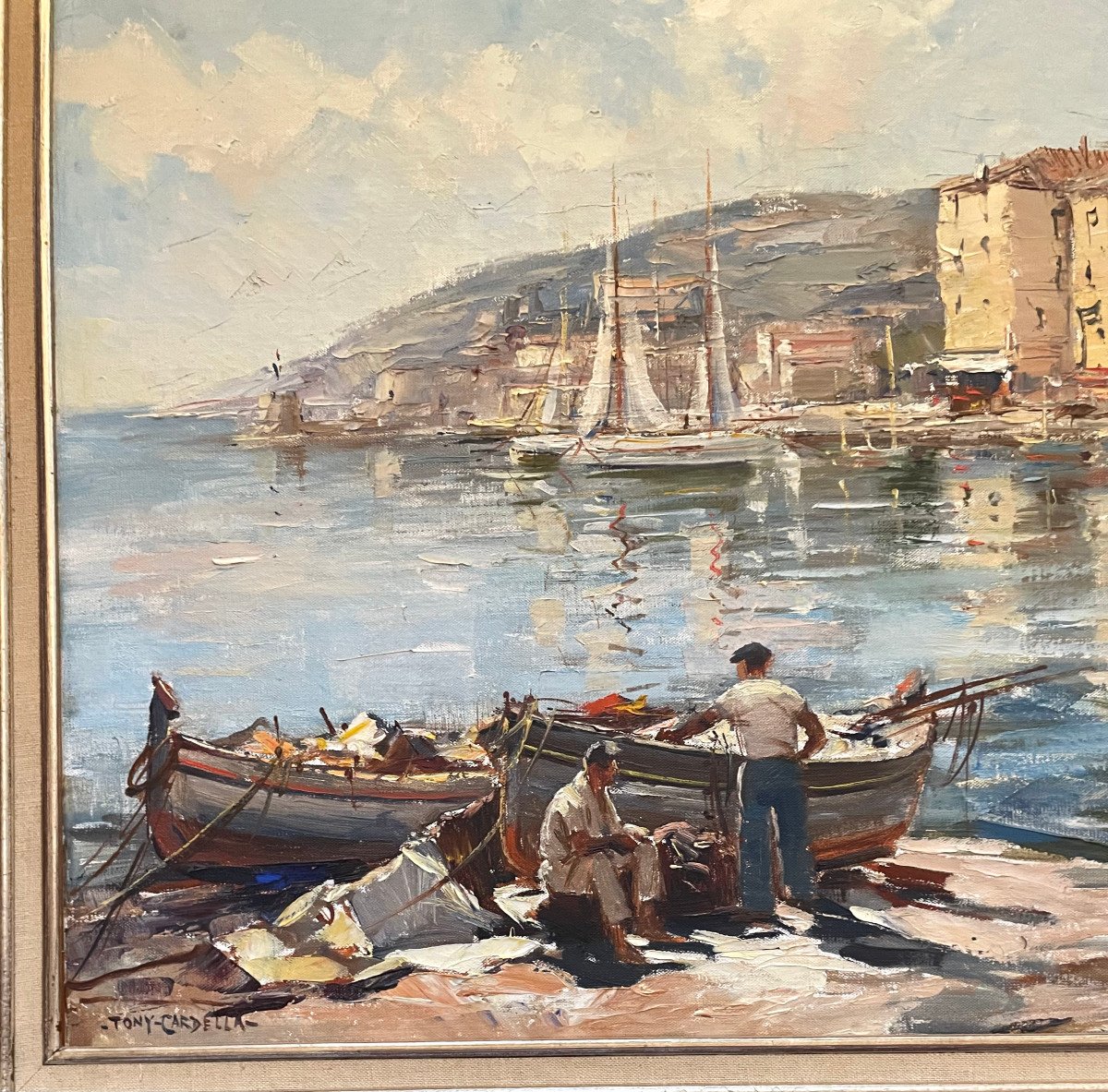 Large Oil Painting On Canvas Tony Cardella XXth Fishing Boats In Port Marine-photo-3