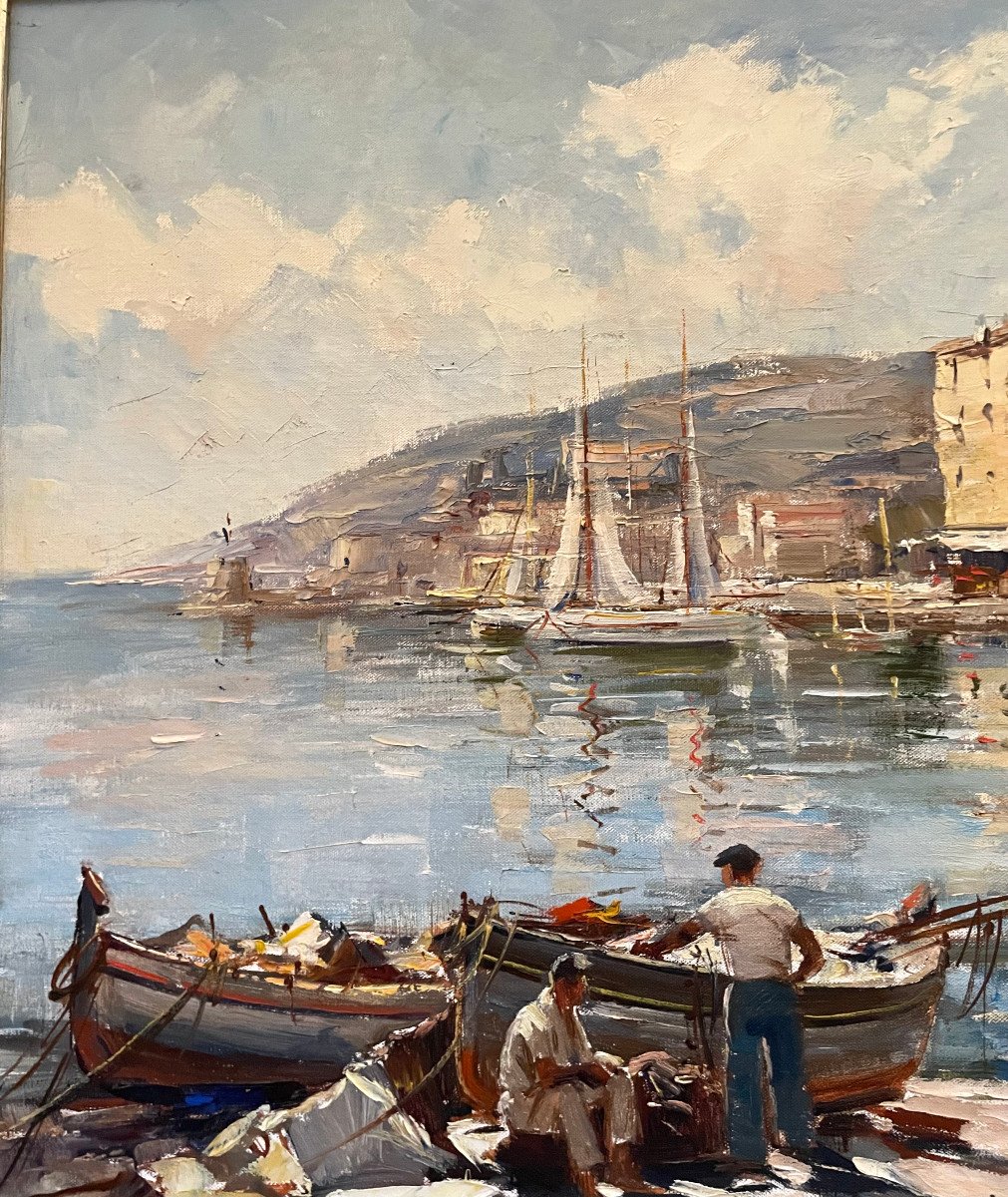 Large Oil Painting On Canvas Tony Cardella XXth Fishing Boats In Port Marine-photo-4