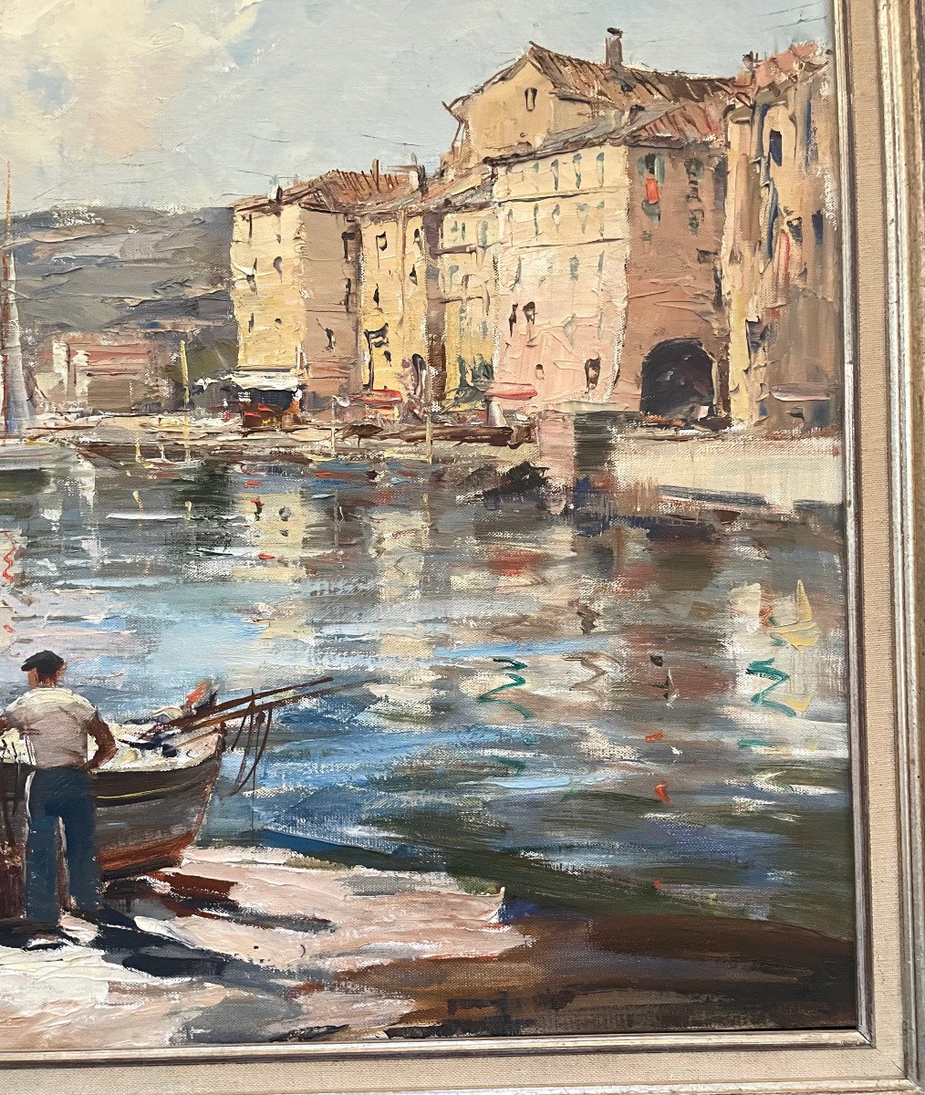 Large Oil Painting On Canvas Tony Cardella XXth Fishing Boats In Port Marine-photo-2