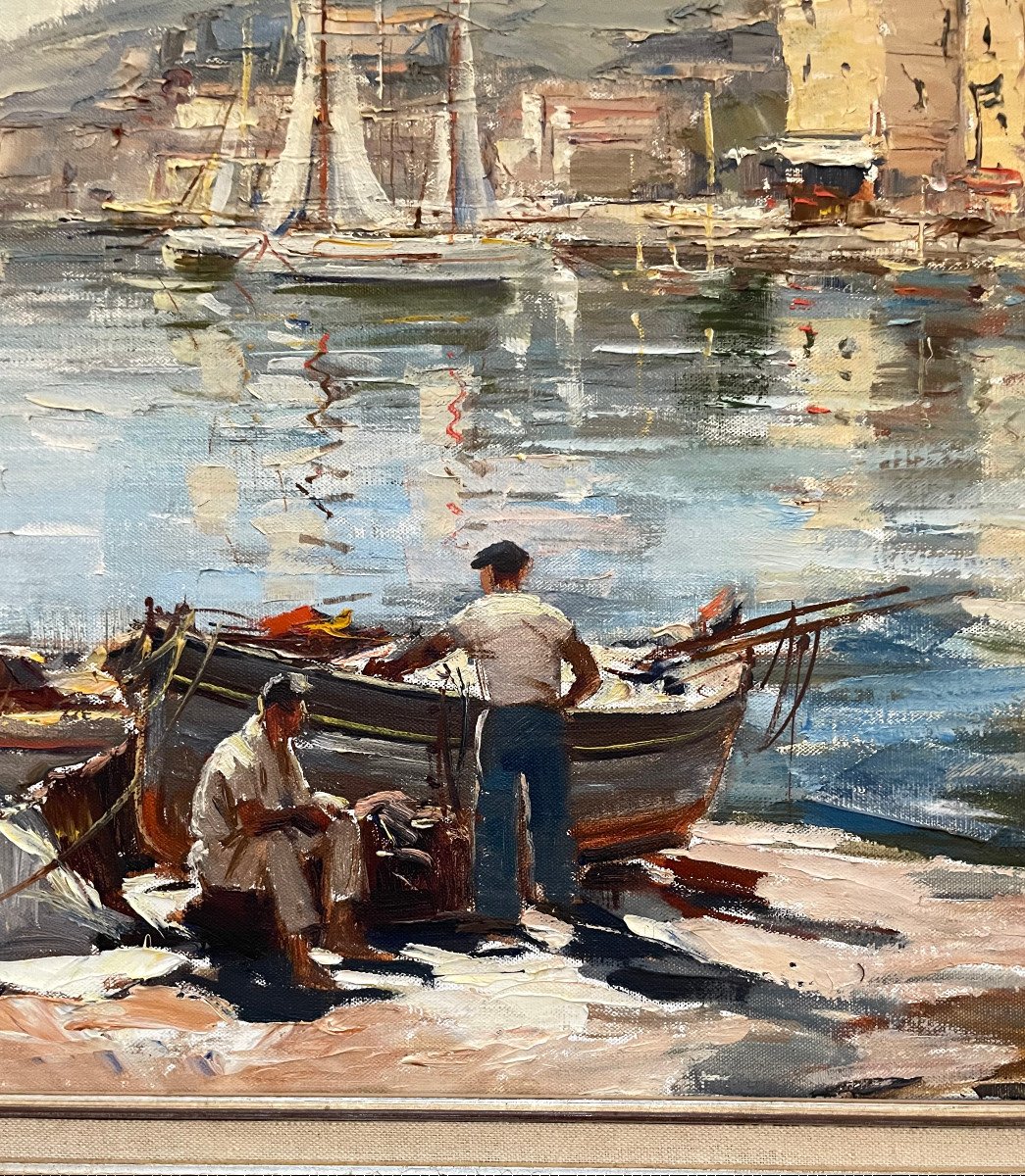 Large Oil Painting On Canvas Tony Cardella XXth Fishing Boats In Port Marine-photo-3