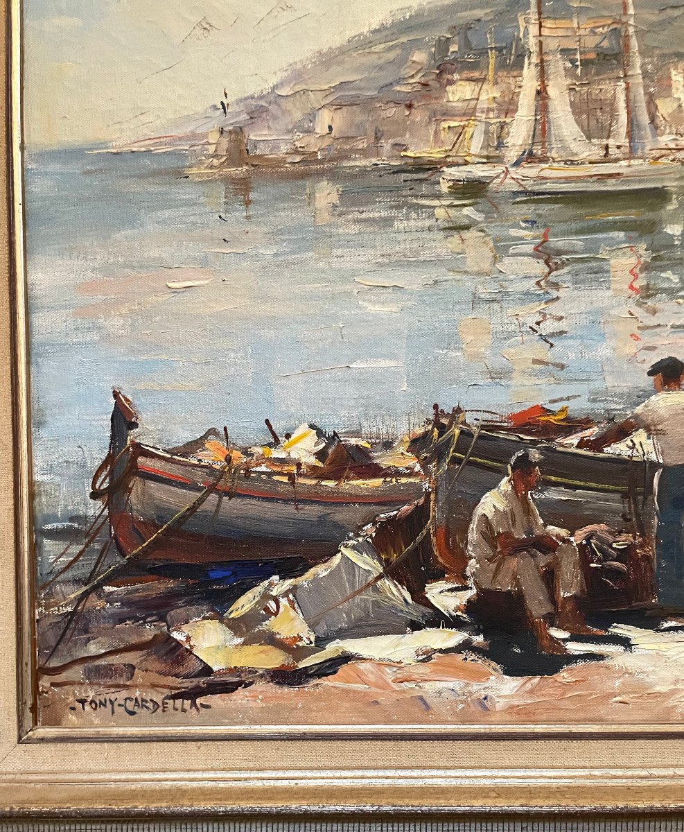 Large Oil Painting On Canvas Tony Cardella XXth Fishing Boats In Port Marine-photo-5