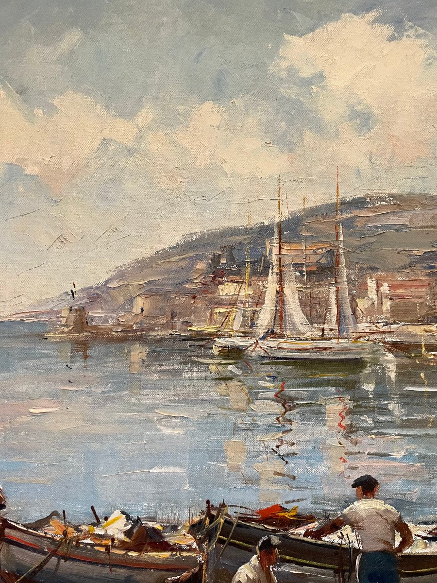 Large Oil Painting On Canvas Tony Cardella XXth Fishing Boats In Port Marine-photo-6