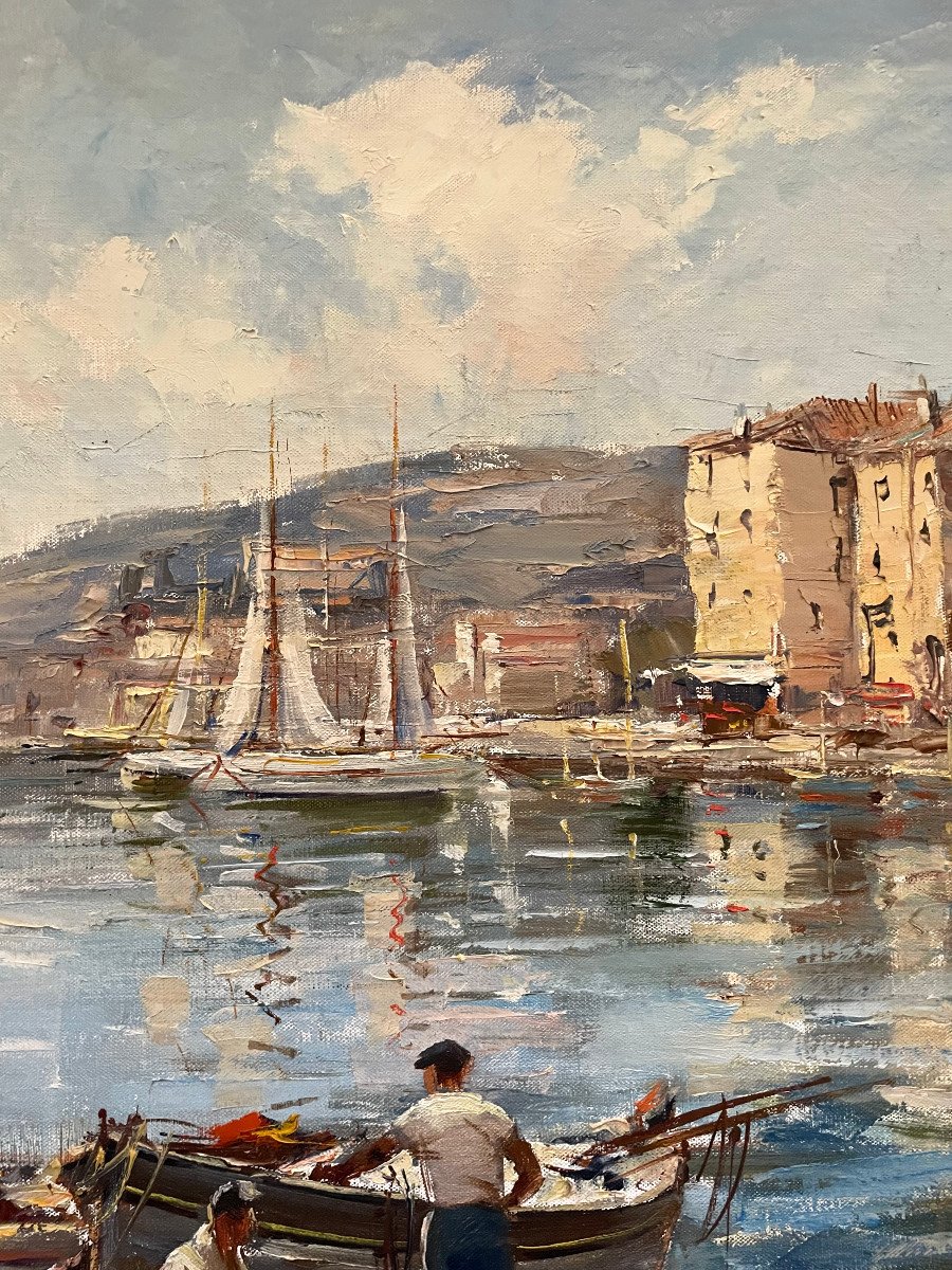 Large Oil Painting On Canvas Tony Cardella XXth Fishing Boats In Port Marine-photo-7