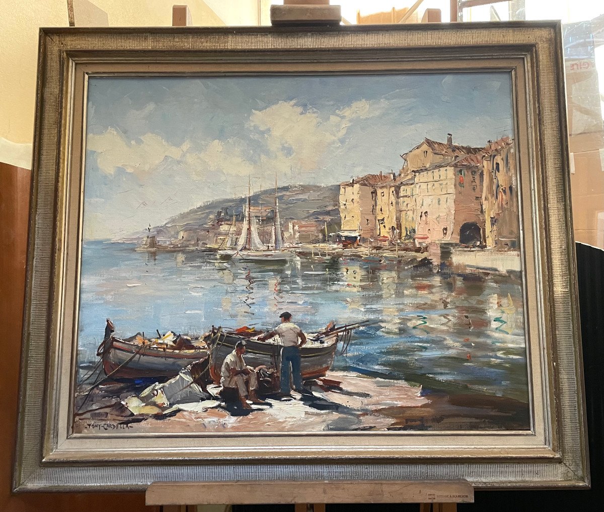 Large Oil Painting On Canvas Tony Cardella XXth Fishing Boats In Port Marine