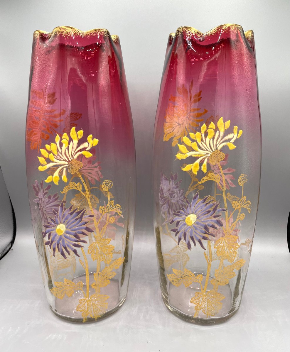 Grande Paire De Vases Emaillés Art Nouveau Legras Modèle Tokyo - Olga-photo-3