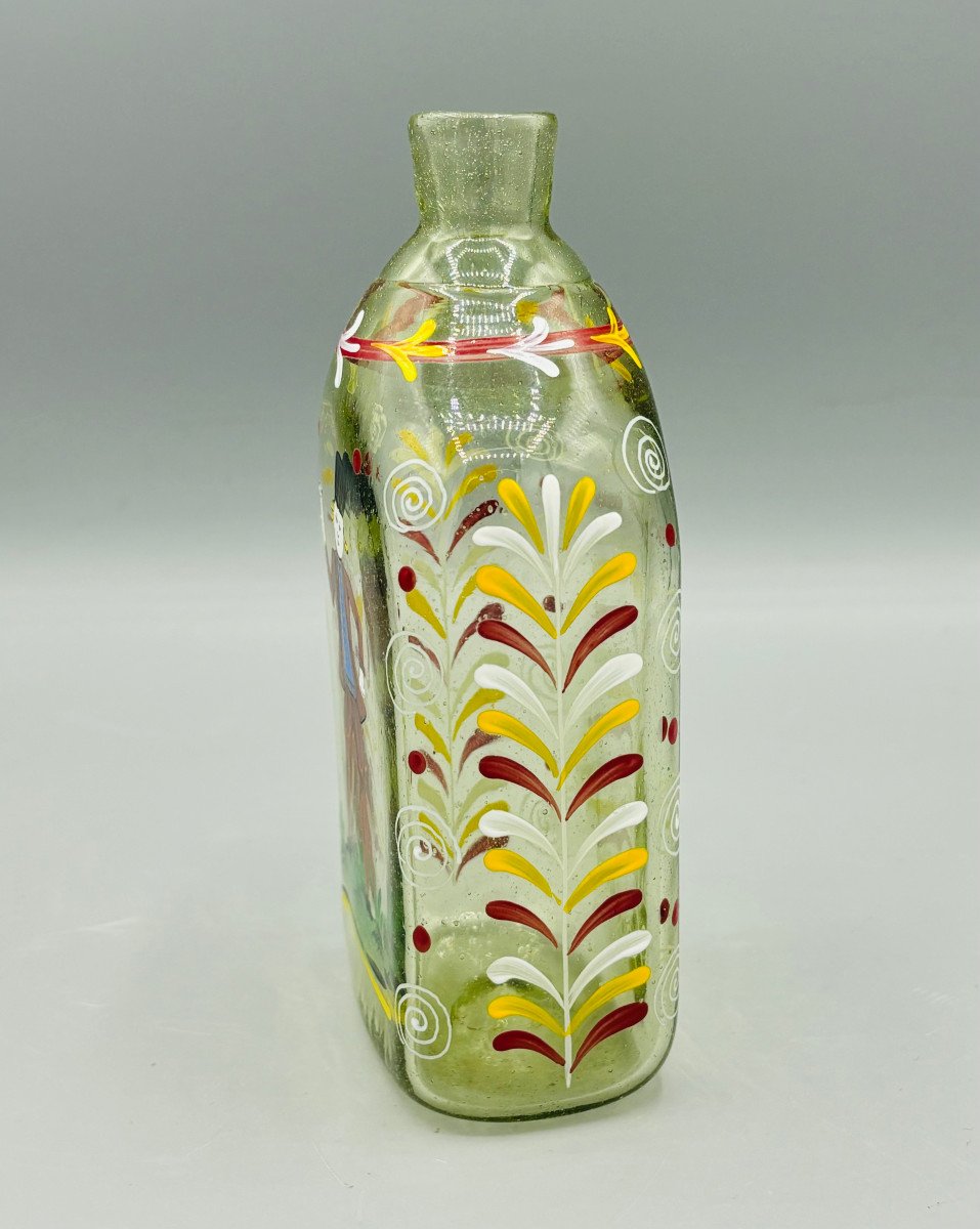 Blown And Painted Glass Bottle "flühli" 18th 19th Century Switzerland Or Alsace Bottle-photo-3