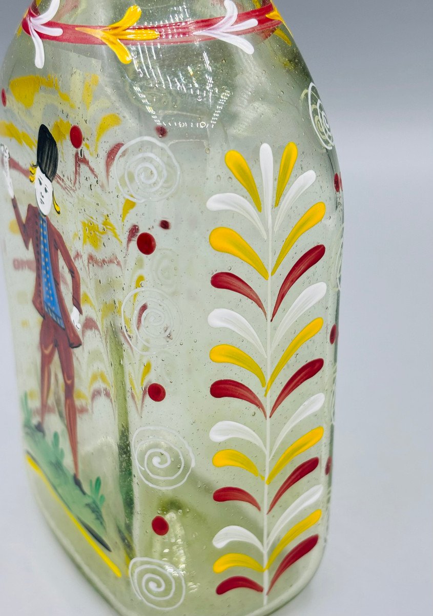 Blown And Painted Glass Bottle "flühli" 18th 19th Century Switzerland Or Alsace Bottle-photo-3