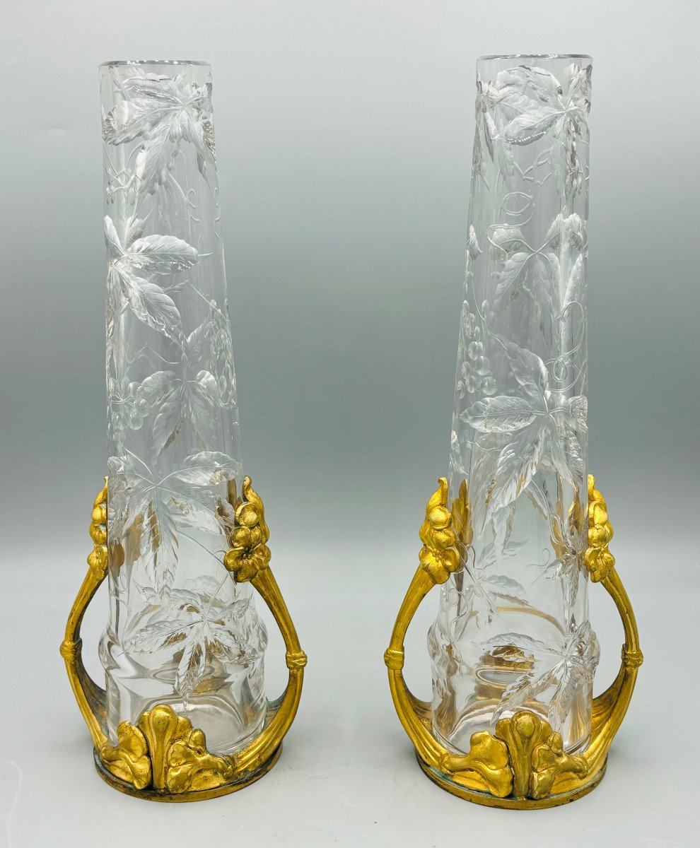 Exceptional Pair Of Art Nouveau Crystal And Bronze Vases From Baccarat 1900