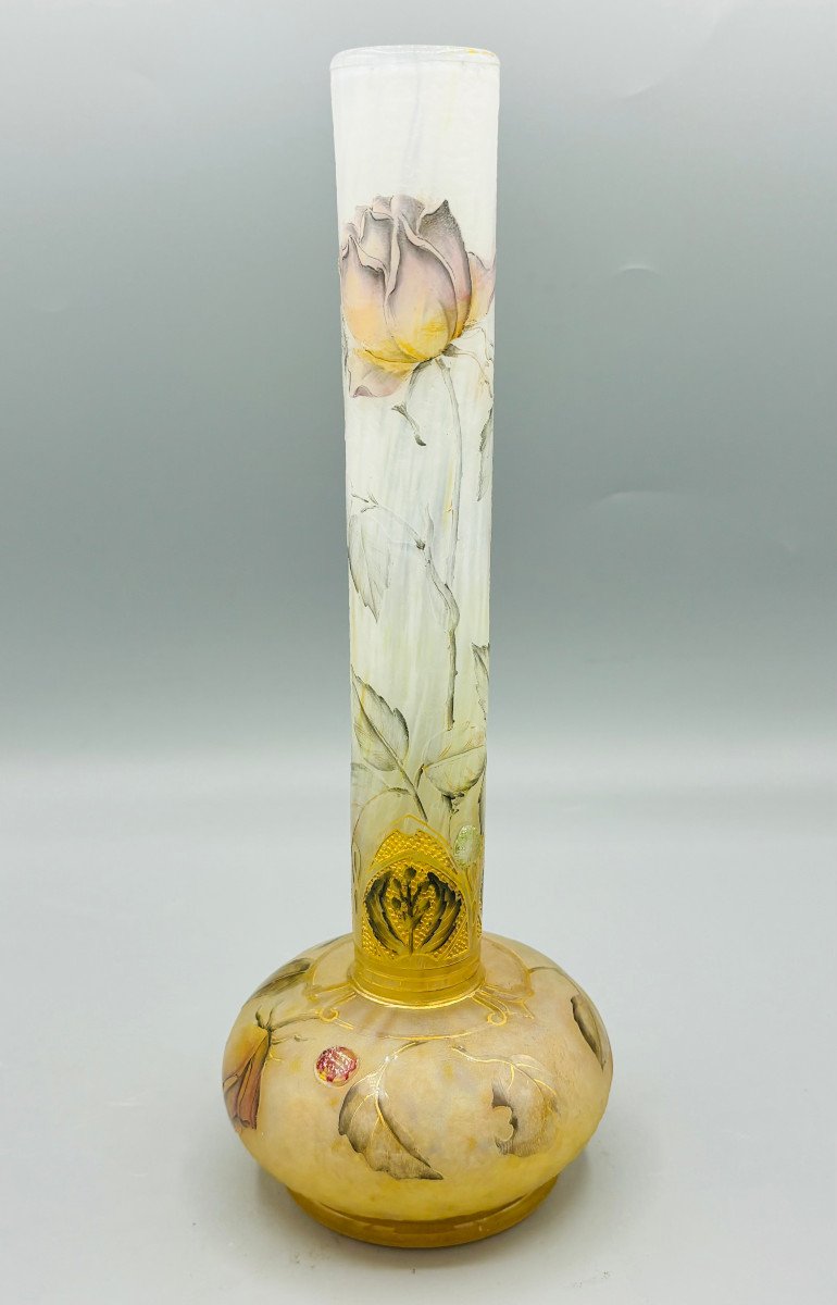 Exceptional Art Nouveau Vase "roses And Dragonfly" Daum Nancy-photo-2