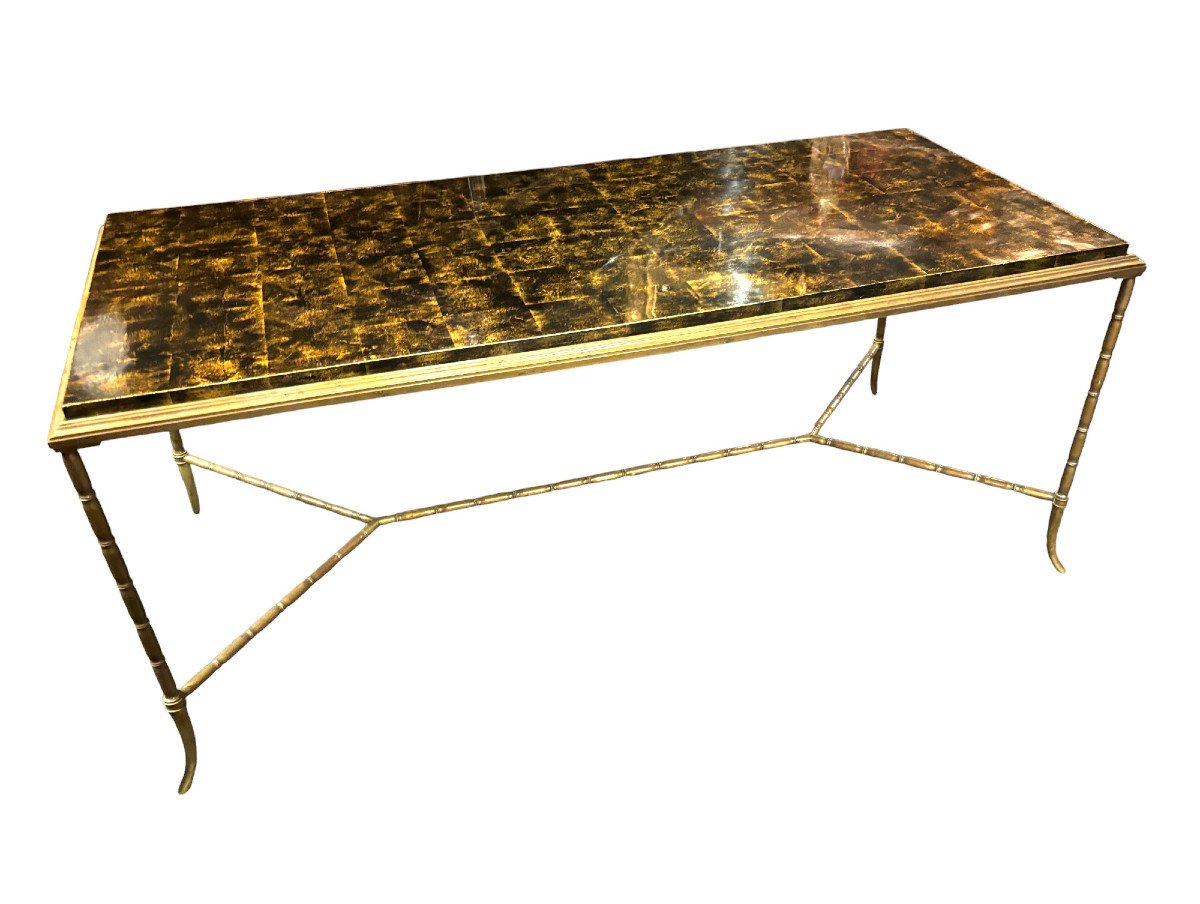 Table Basse Bambou Bronze Doré Et Laque Maison Baguès Vers 1960-photo-2