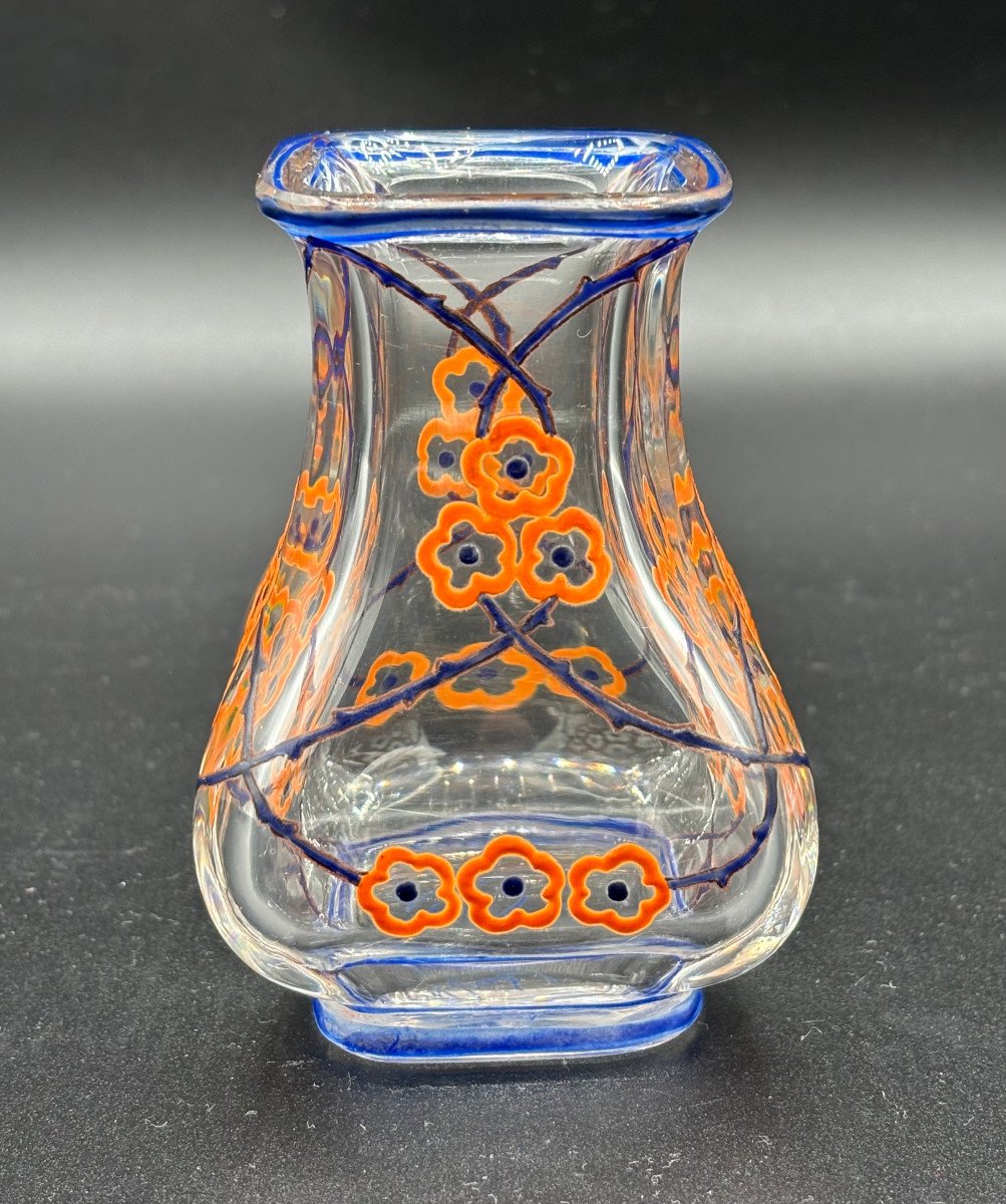 Marcel Goupy Art Deco Enameled Crystal Vase For Baccarat-photo-2