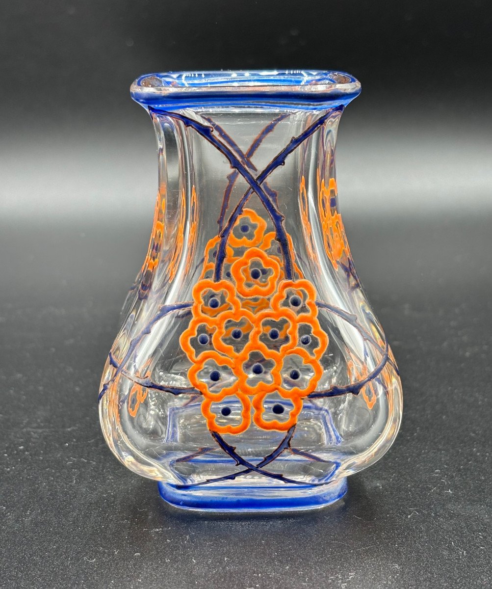 Marcel Goupy Art Deco Enameled Crystal Vase For Baccarat