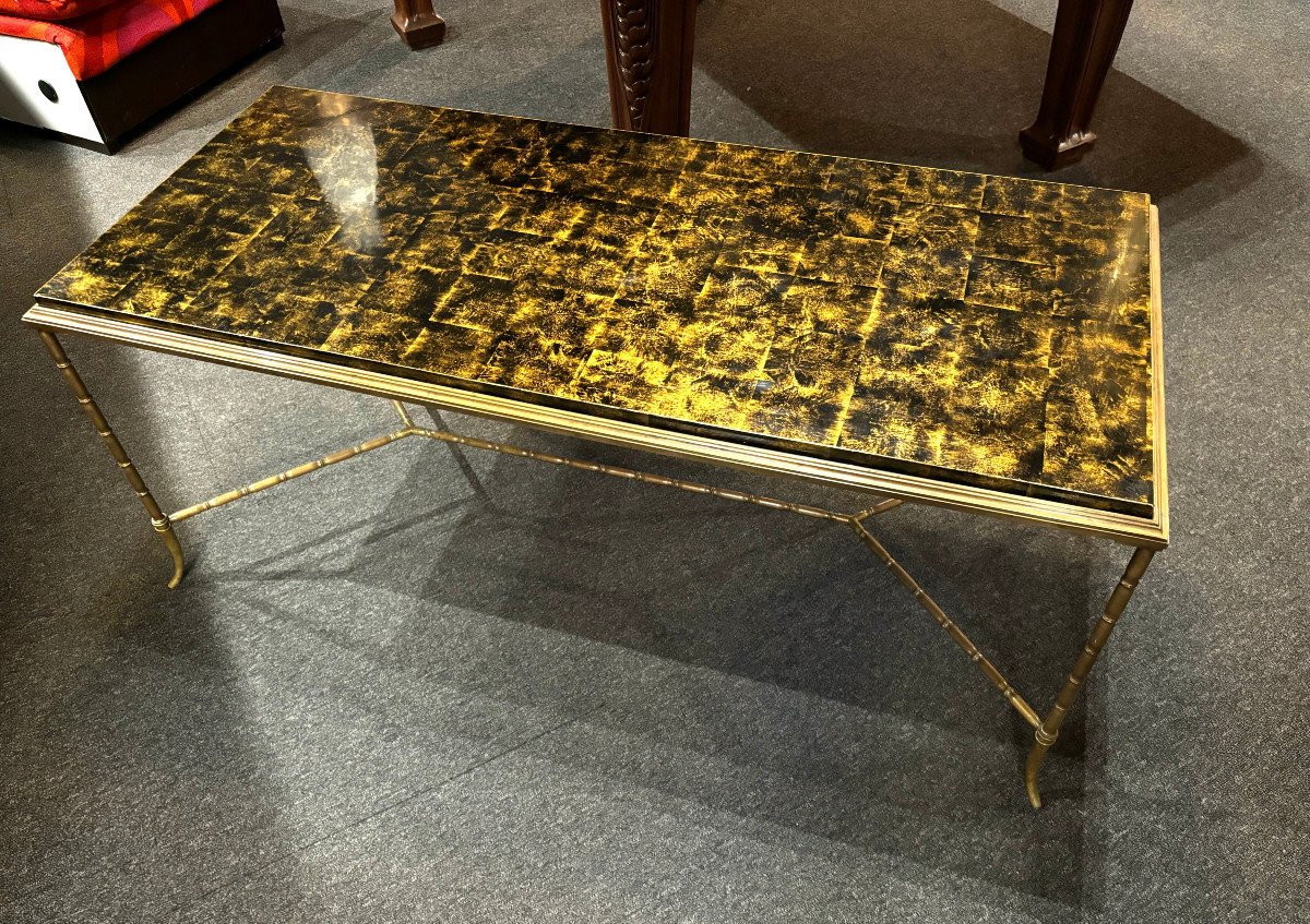 Bamboo Coffee Table In Gilded Bronze Lacquer Maison Baguès 1960-photo-3