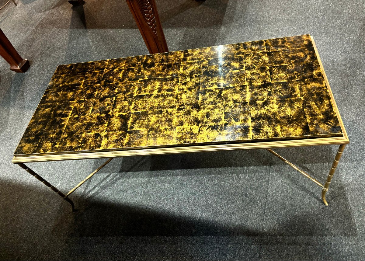 Bamboo Coffee Table In Gilded Bronze Lacquer Maison Baguès 1960-photo-1