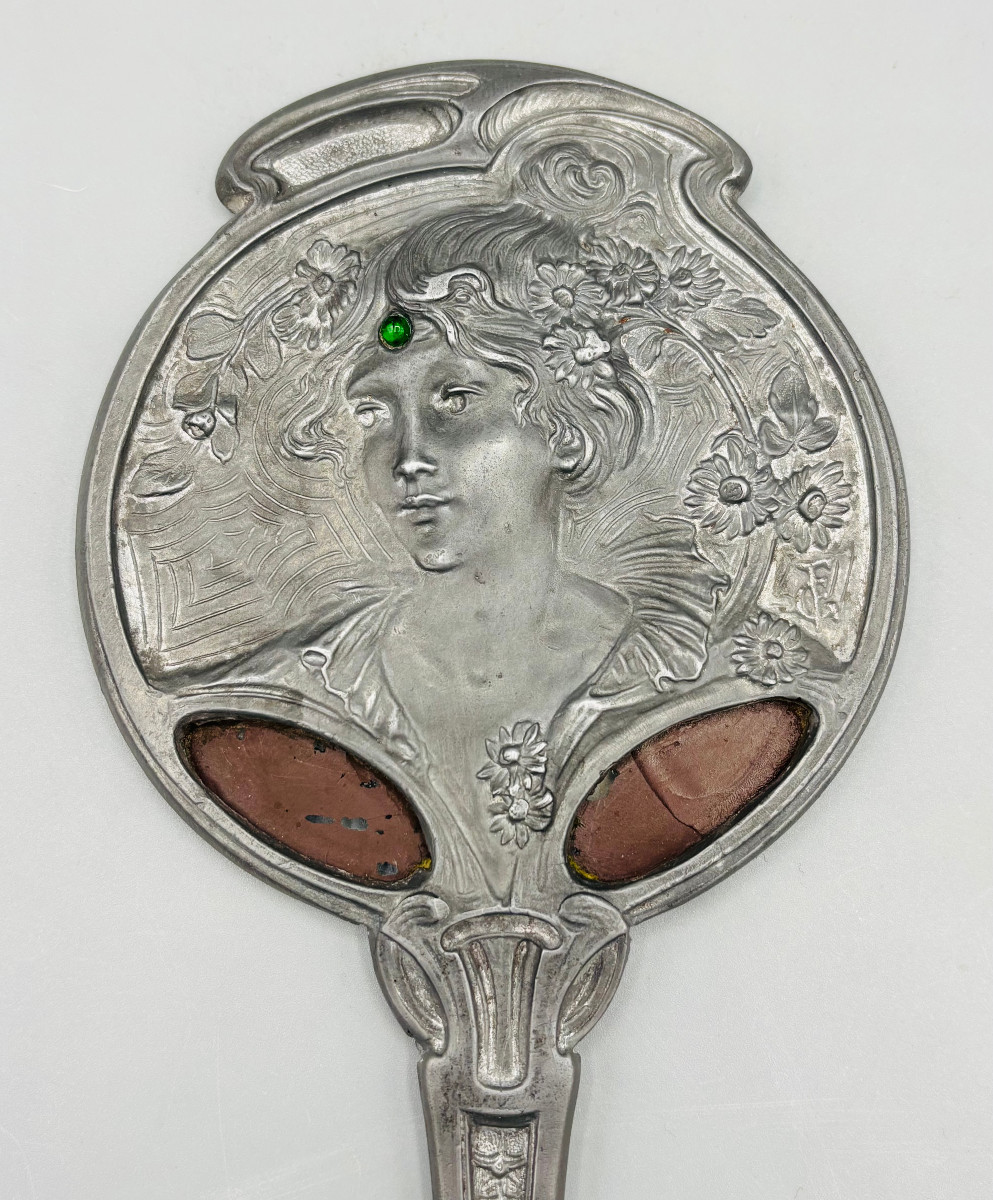 Georges De Feure Art Nouveau Pewter Hand Mirror-photo-2