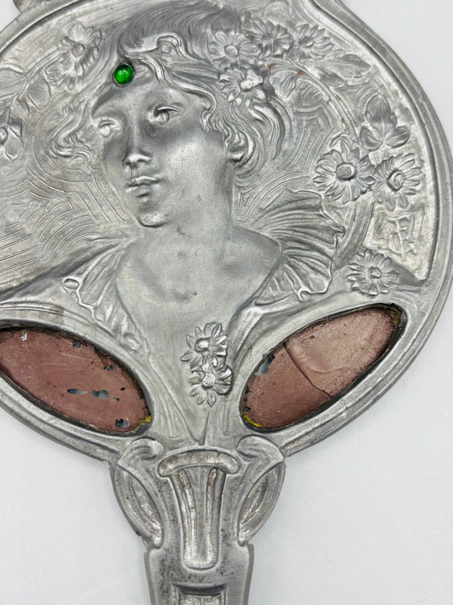 Georges De Feure Art Nouveau Pewter Hand Mirror-photo-2