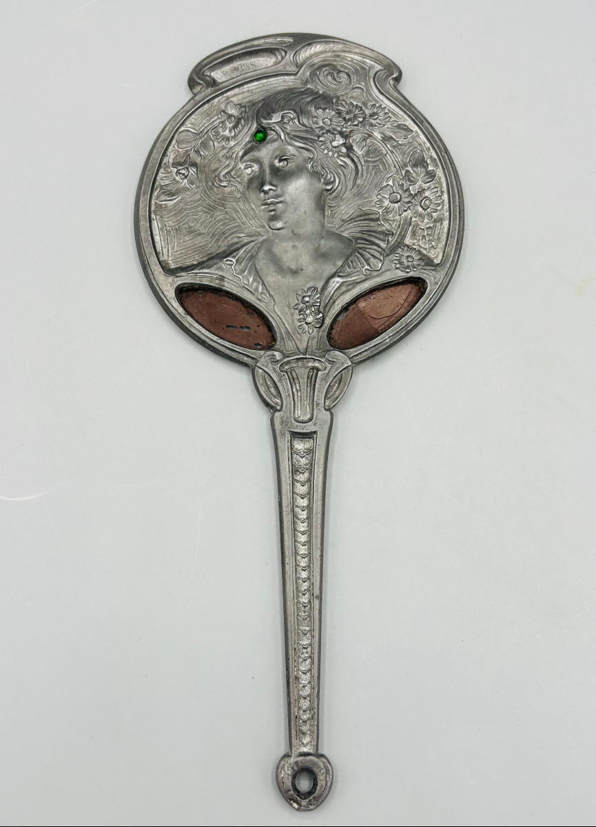 Georges De Feure Art Nouveau Pewter Hand Mirror