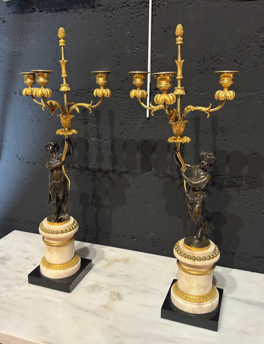 Pair Of Bronze And Marble Candelabras, Louis XVI Period. 18th Century.-photo-2