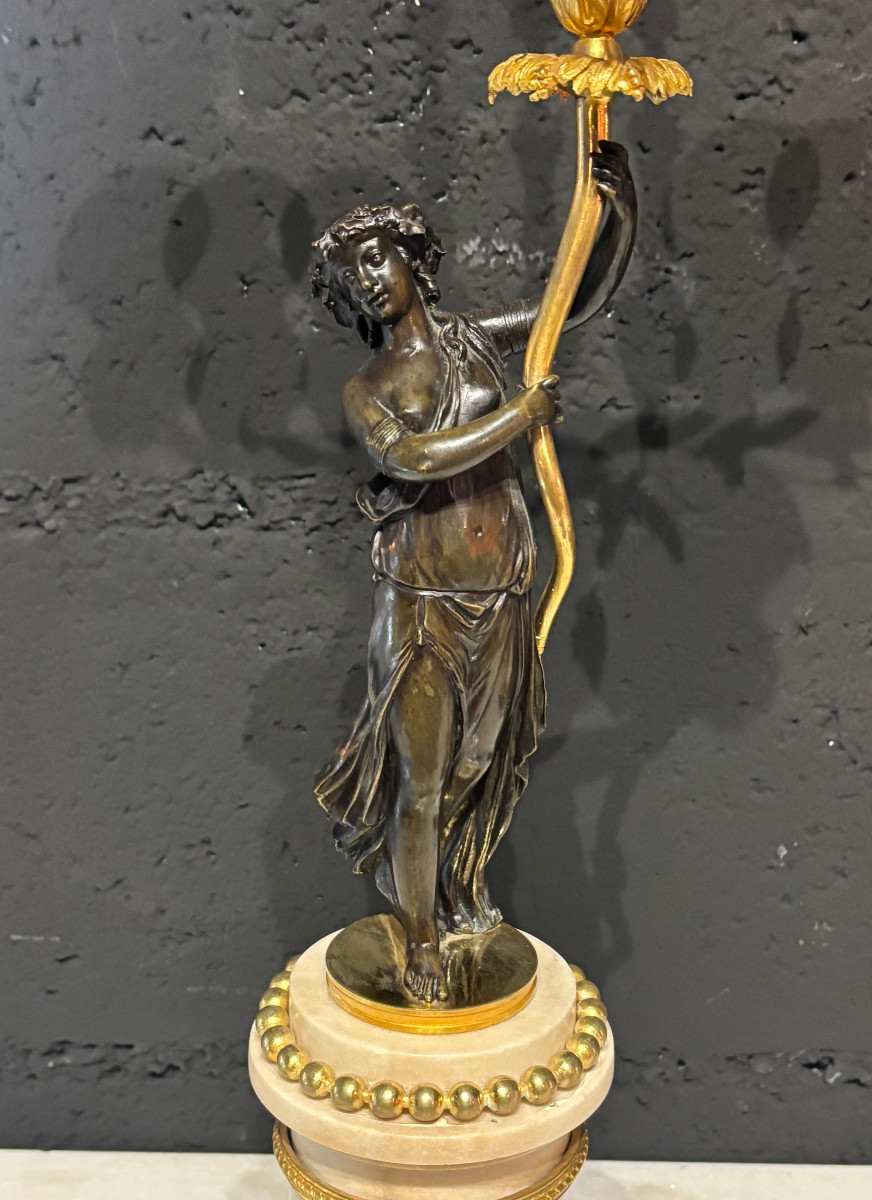 Pair Of Bronze And Marble Candelabras, Louis XVI Period. 18th Century.-photo-1