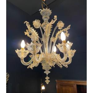 Chandelier 6 Lights Gold Inclusions Murano Venetian 20th Century 1950