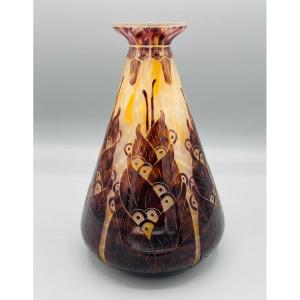 Vase Art Déco Schneider - Le Verre Français "Lauriers" Vers 1925