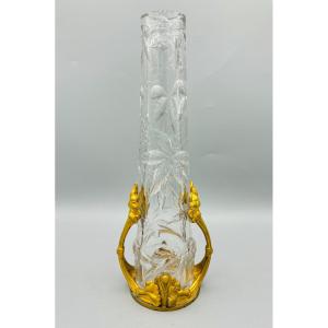 Magnificent Art Nouveau Vase In Baccarat Crystal And Bronze