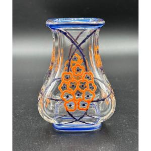 Marcel Goupy Art Deco Enameled Crystal Vase For Baccarat