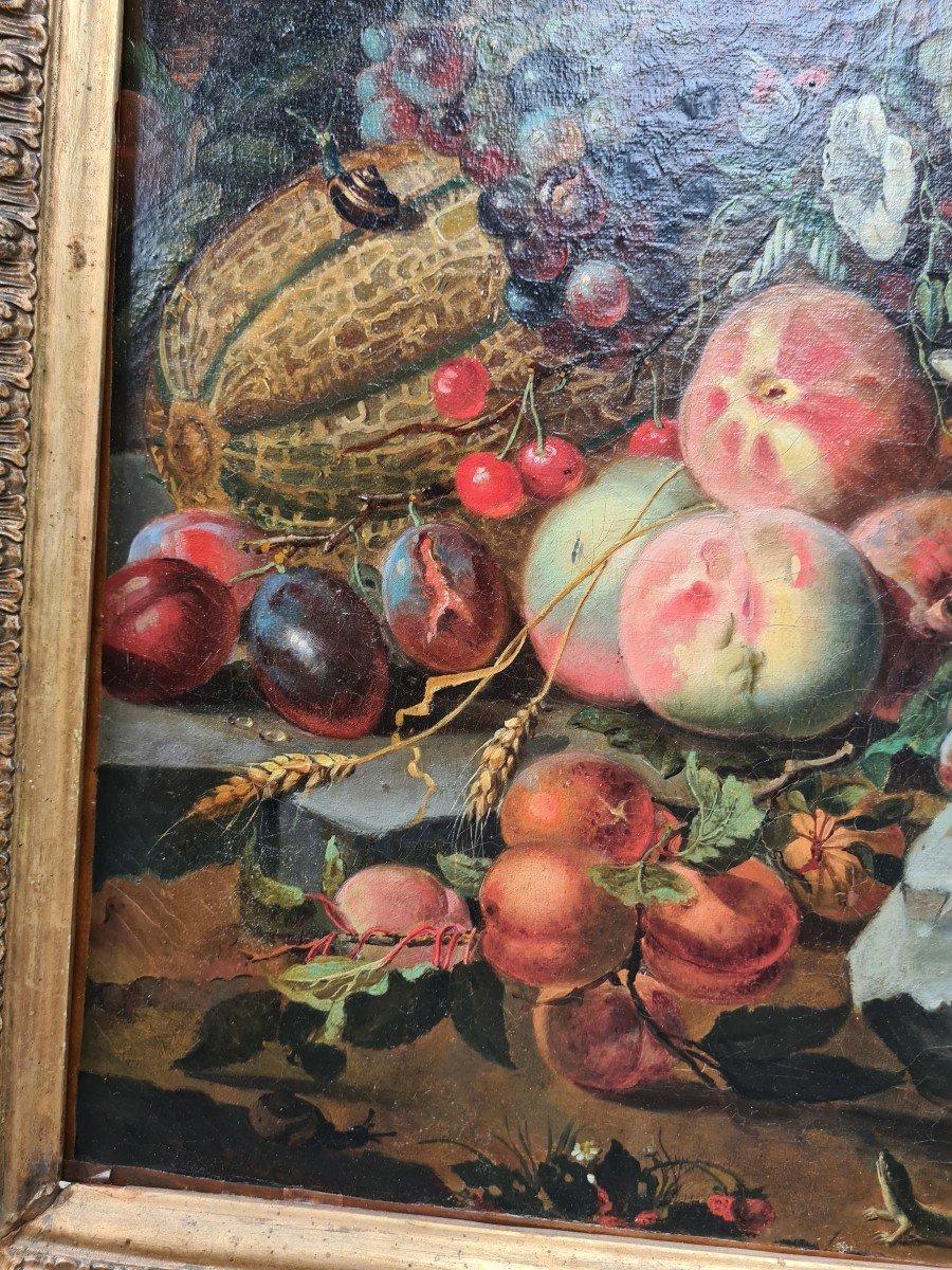 Huile Sur Toile  Nature Morte Aux fruits et Insectes dans le goût de Mignon-photo-2