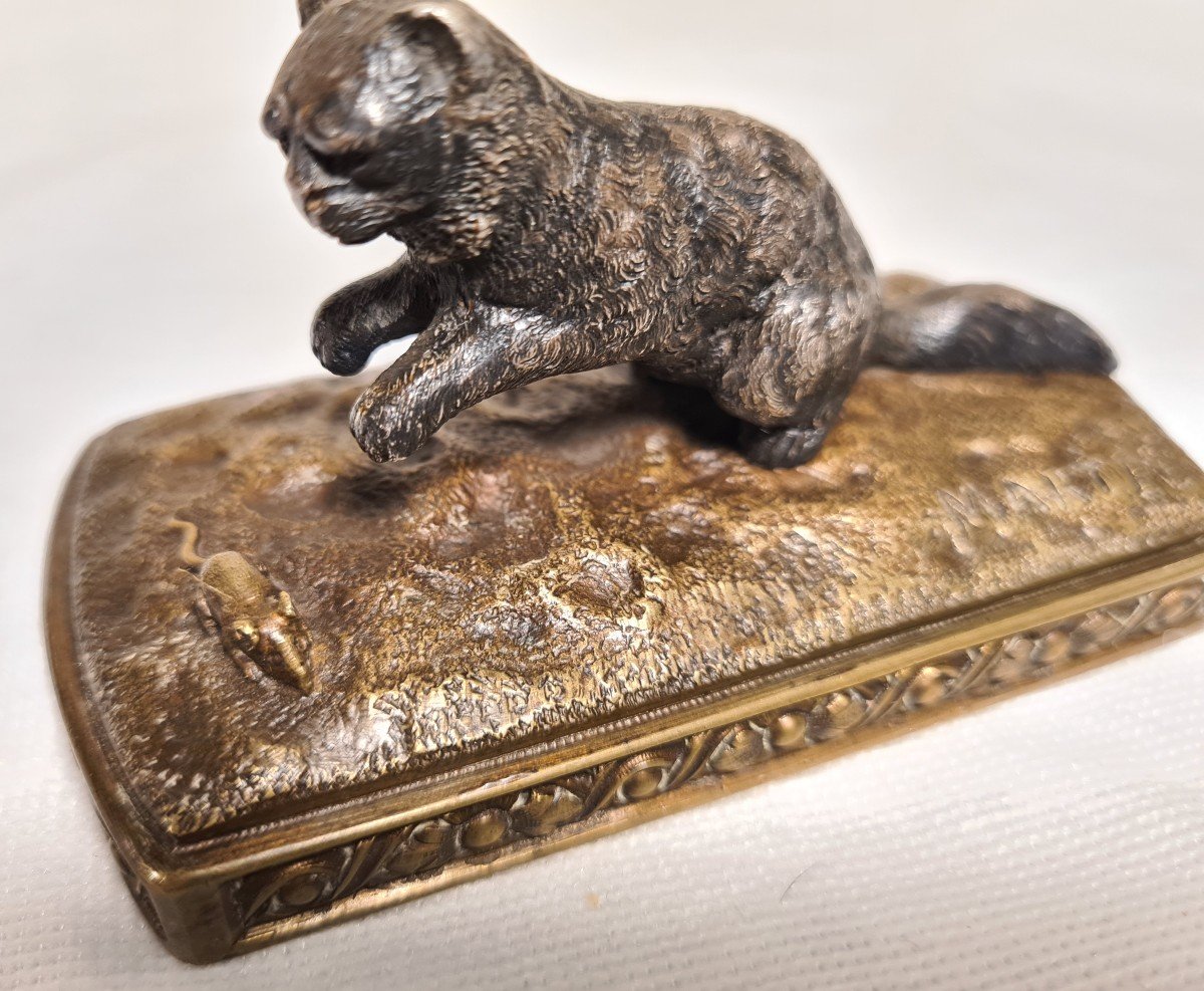 Small Bronze Cat And Mouse Signed Martel-photo-3