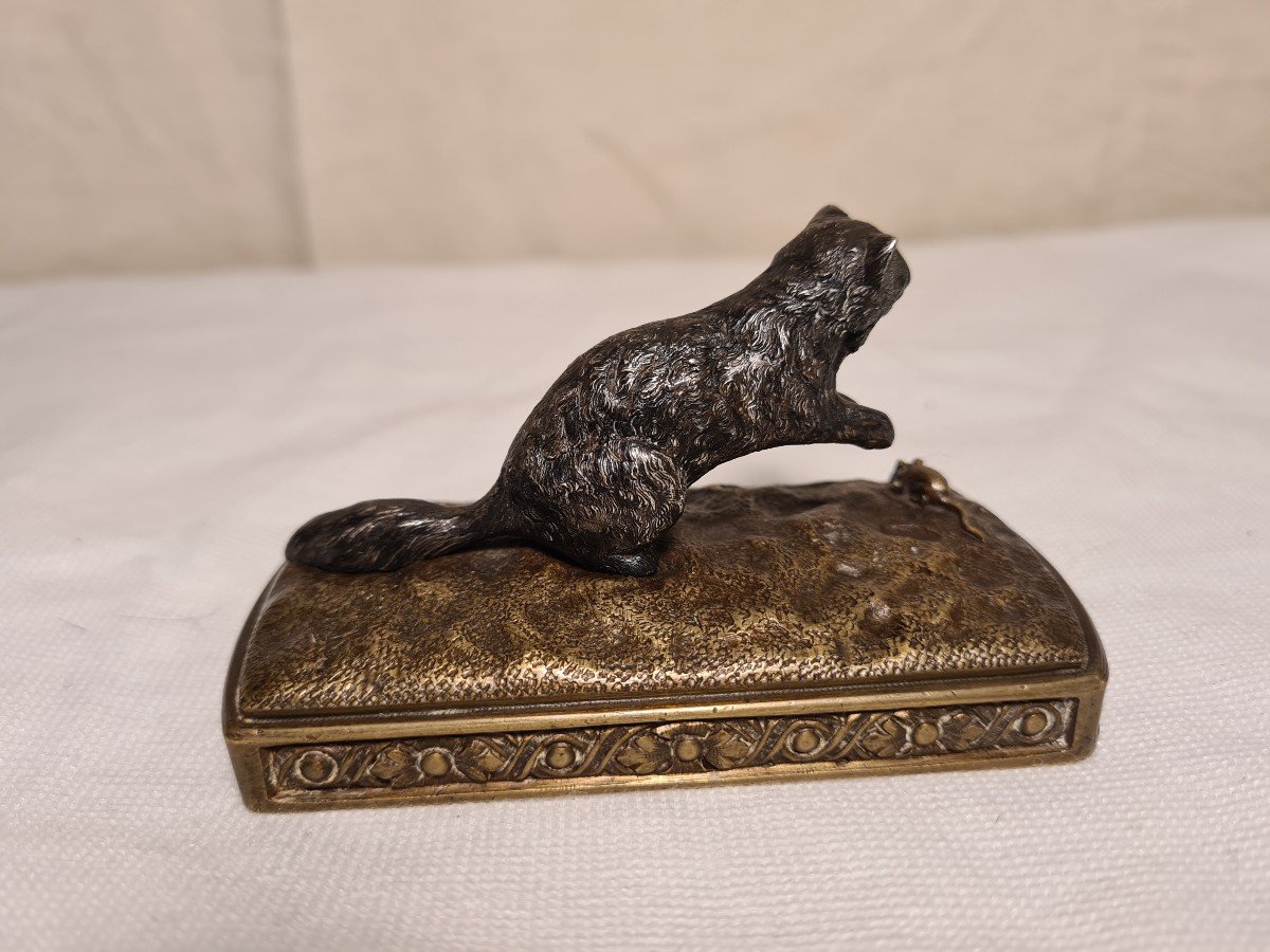 Small Bronze Cat And Mouse Signed Martel-photo-4