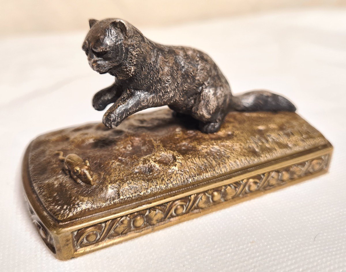 Small Bronze Cat And Mouse Signed Martel