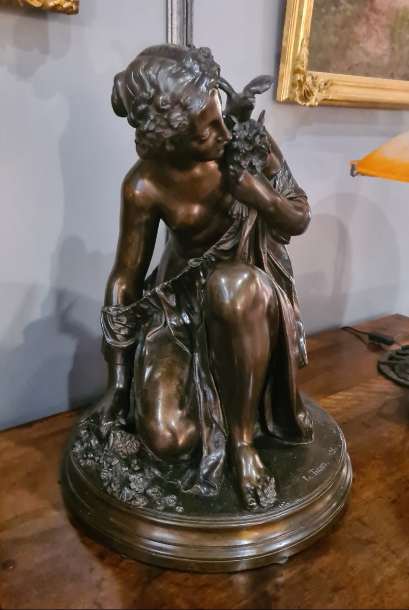 Large Bronze "woman With A Bird", Signed Thierry 1825-photo-2