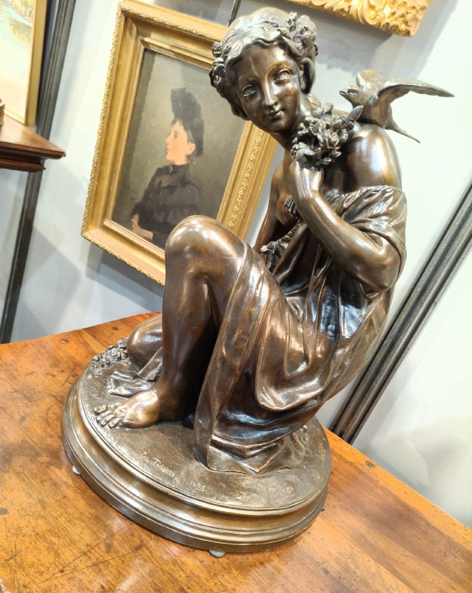 Large Bronze "woman With A Bird", Signed Thierry 1825-photo-3