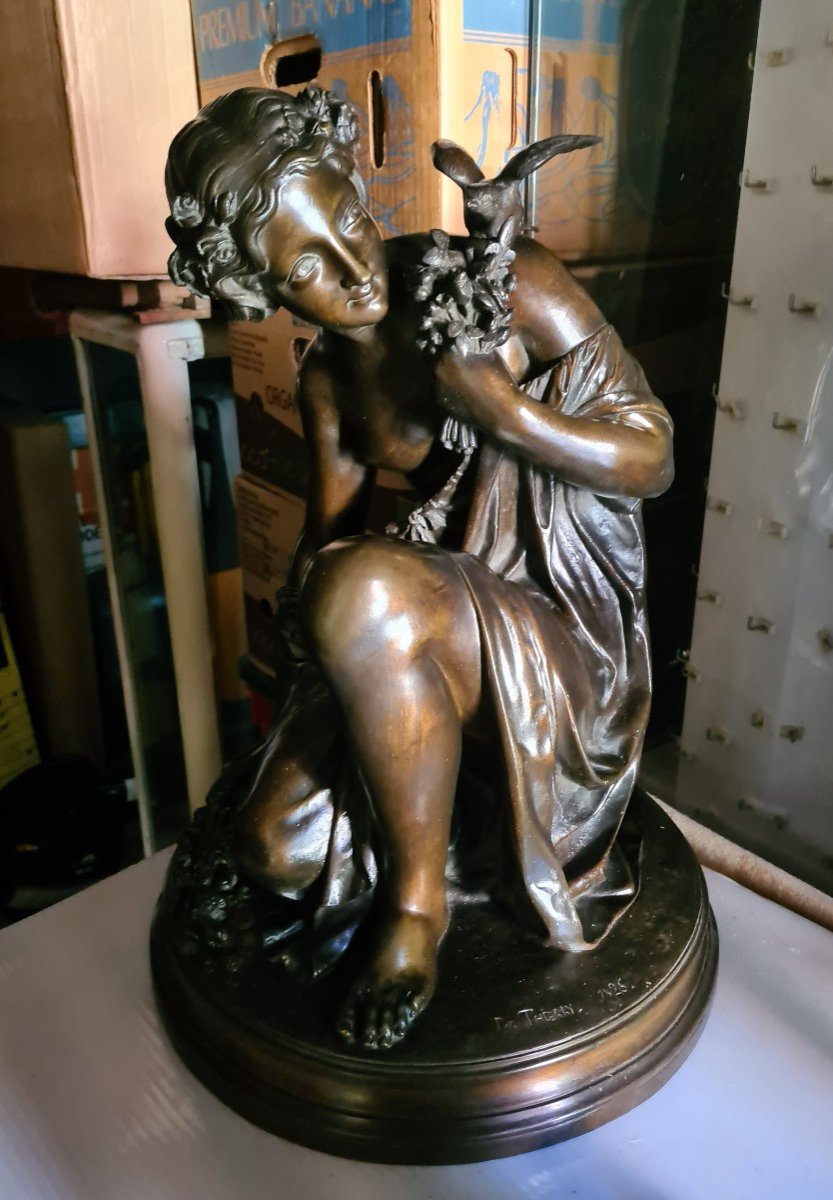 Large Bronze "woman With A Bird", Signed Thierry 1825-photo-6