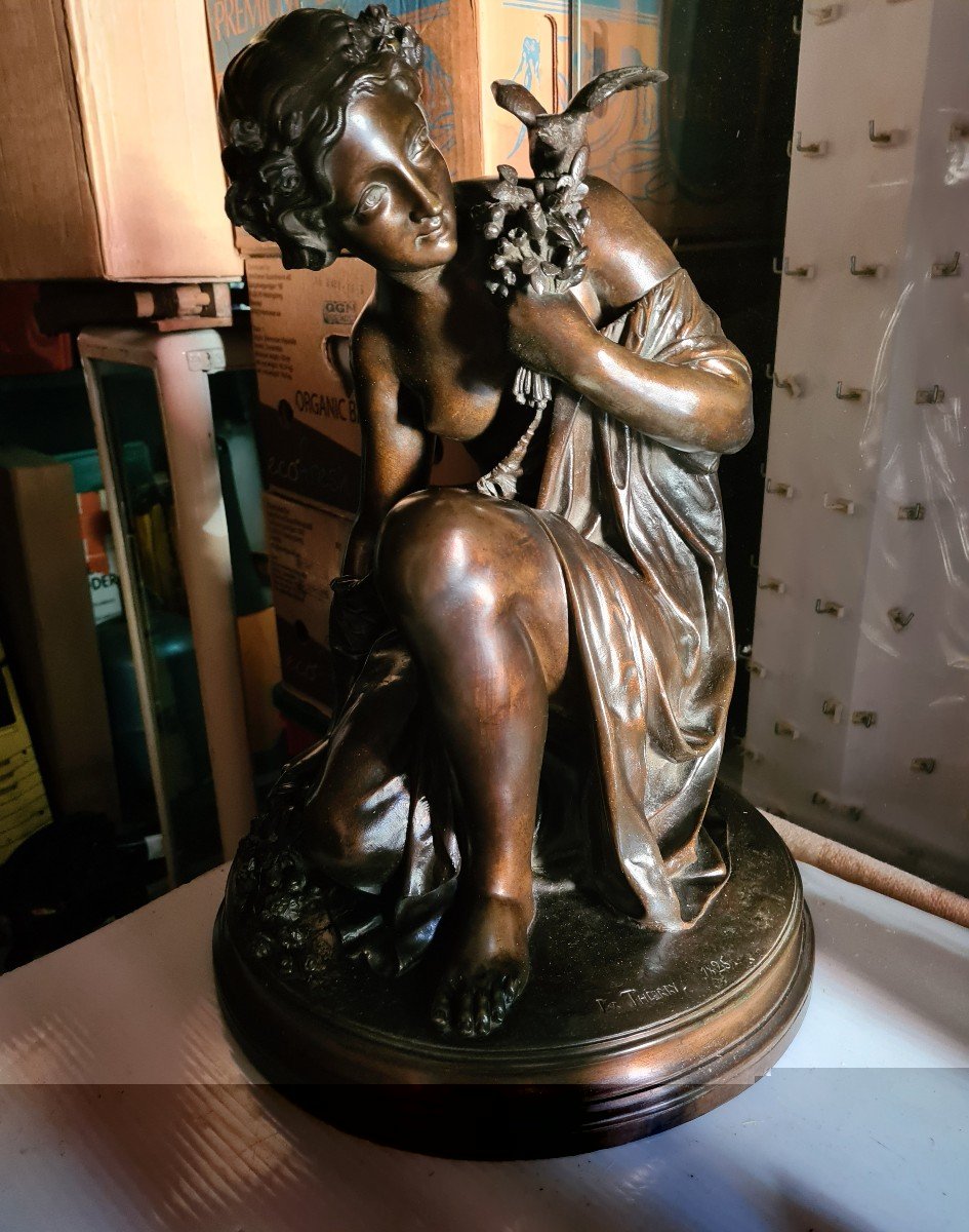 Large Bronze "woman With A Bird", Signed Thierry 1825-photo-7