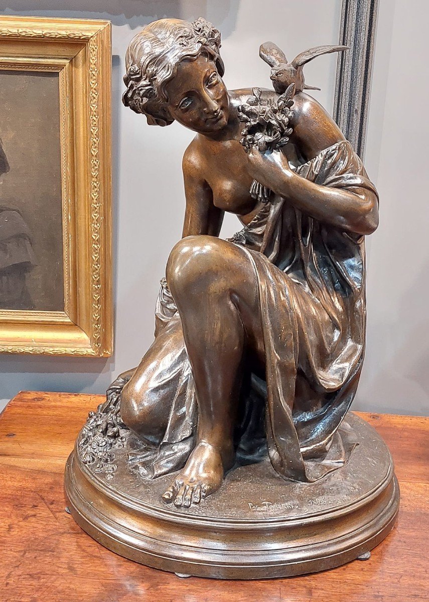 Large Bronze "woman With A Bird", Signed Thierry 1825