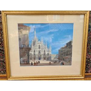 Gouache Encadrée 19 éme  Piazza  Del Duomo In Milano ,Italie 