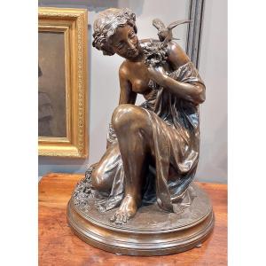 Large Bronze "woman With A Bird", Signed Thierry 1825