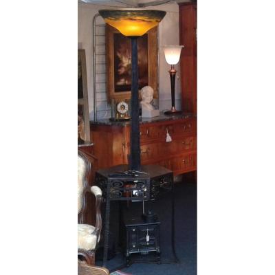 Wrought Iron Floor Lamp, Cup Paste In Glass Muller Frères Luneville