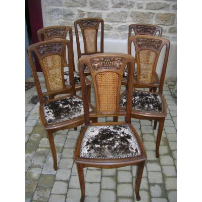 6 Chaises En Noyer Art Nouveau