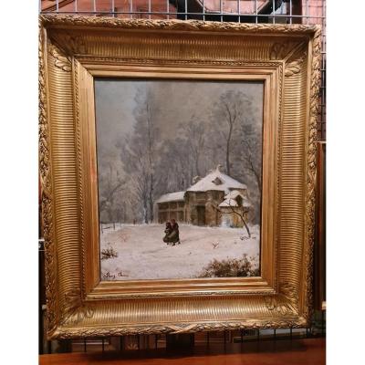 Table, Oil On Canvas, Snow Landscape, Signed Fleury Chenu