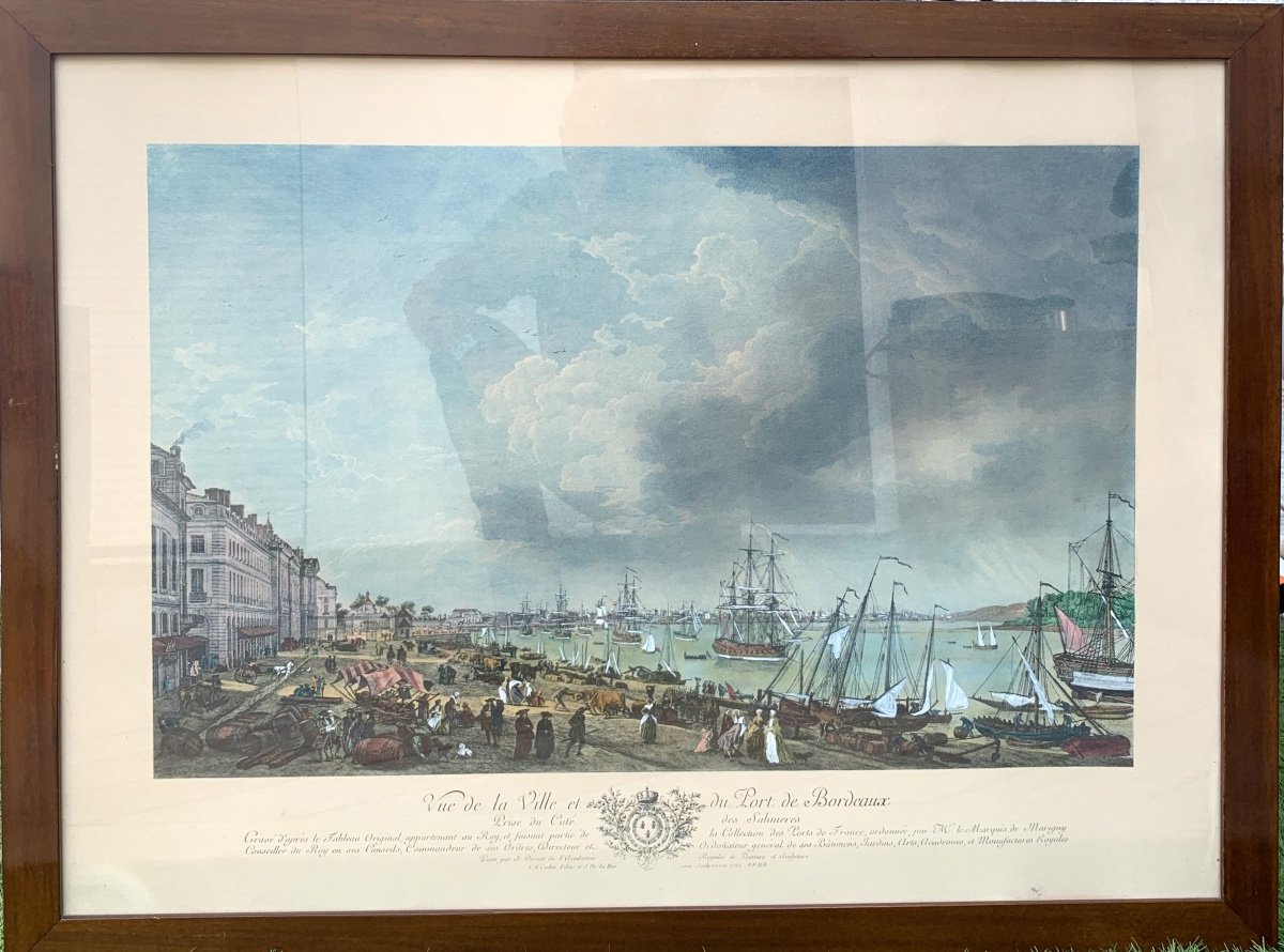 Gravure de La Ville et du Port de Bordeaux rehaussée