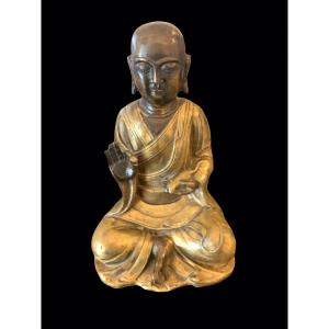 Statue De Bouddha En Bronze , Polychrome XIX ème