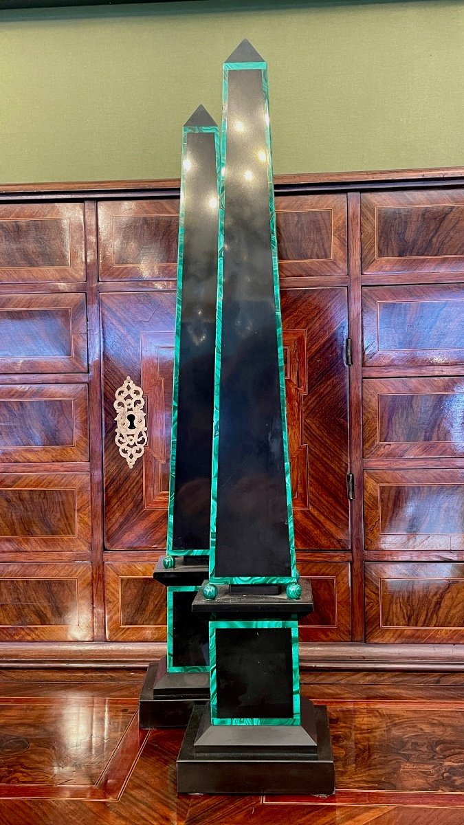 Pair Of Black Marble And Malachite Obelisks, 19th Century-photo-1