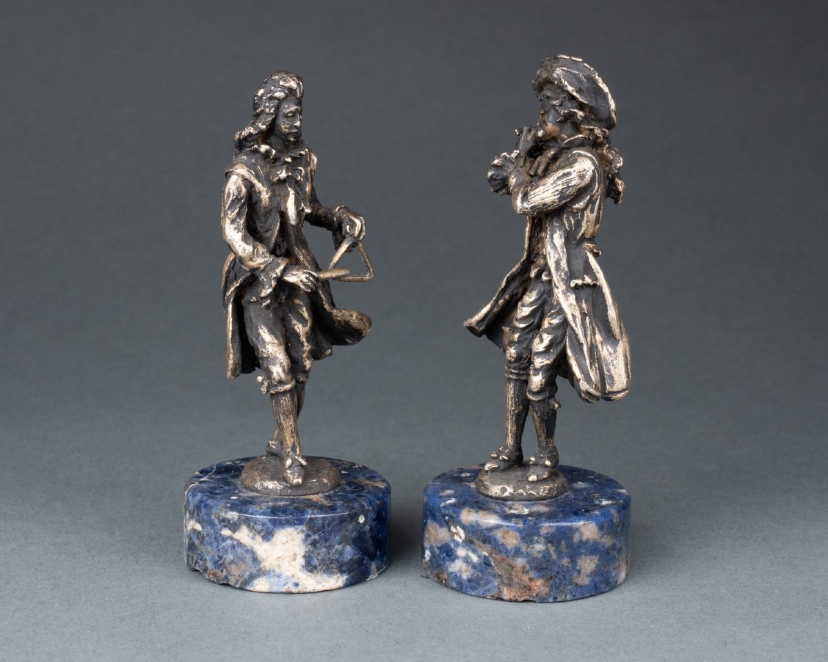 Pair Of Bronze Musicians On A Lapis Lazuli Base, 19th Century-photo-2