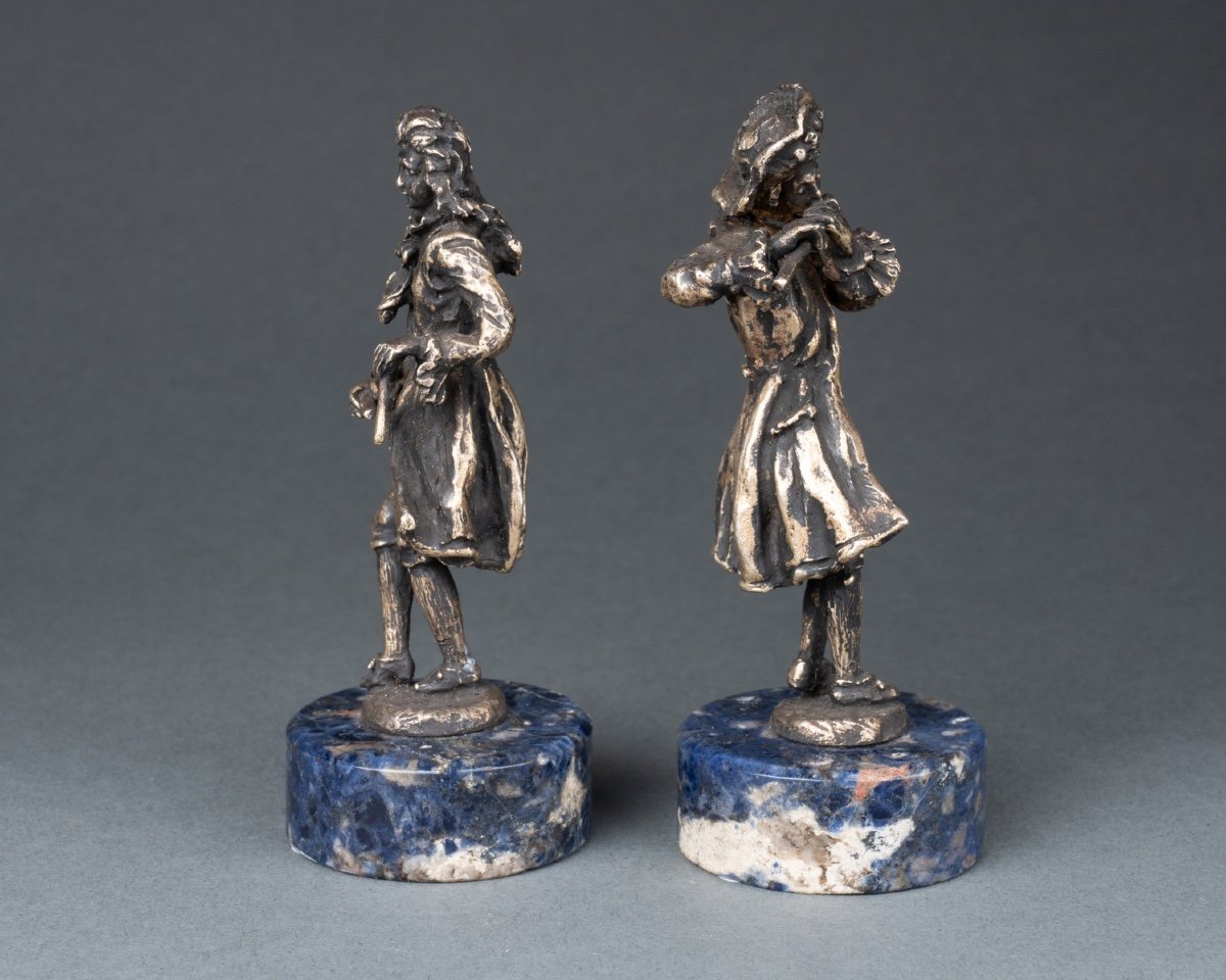 Pair Of Bronze Musicians On A Lapis Lazuli Base, 19th Century-photo-3