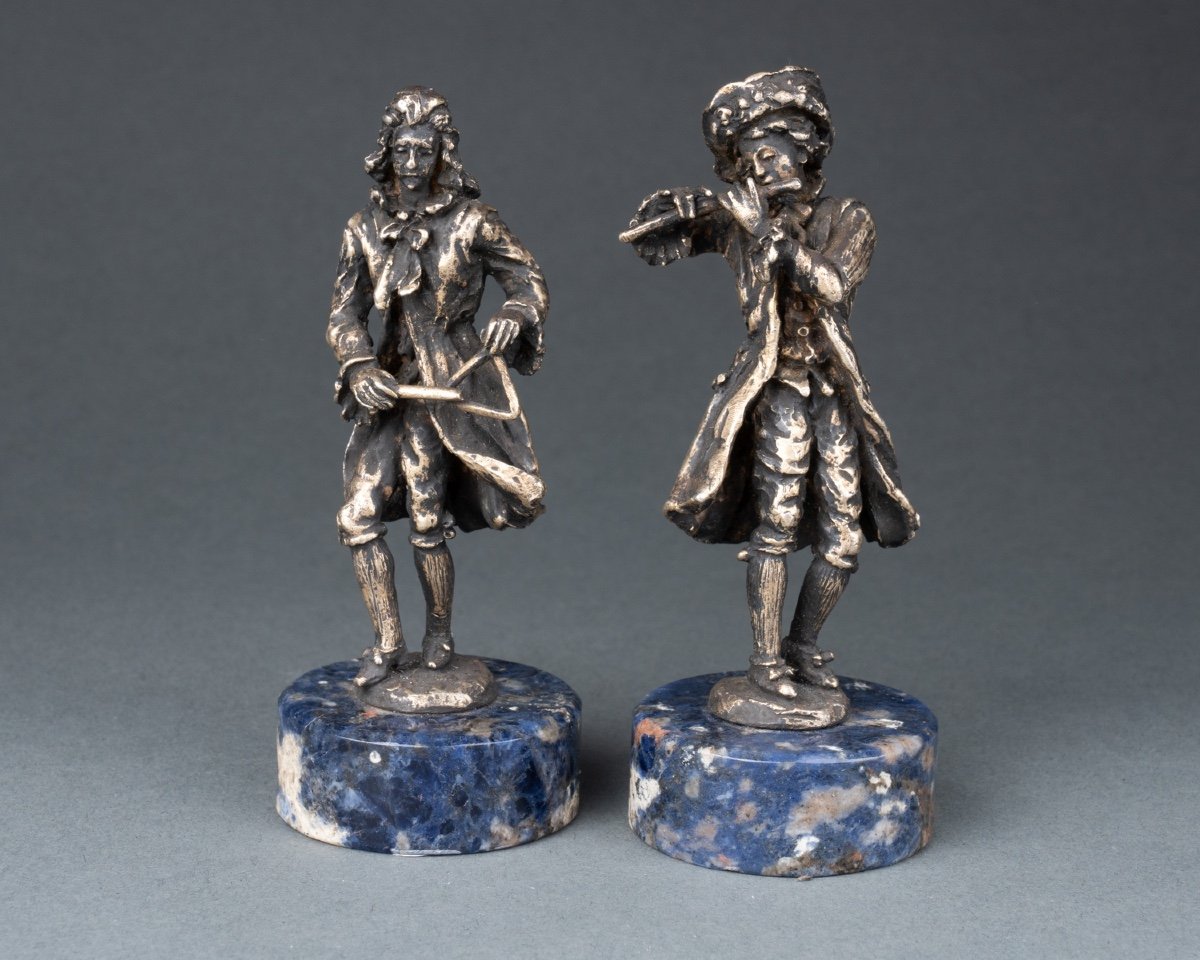 Pair Of Bronze Musicians On A Lapis Lazuli Base, 19th Century