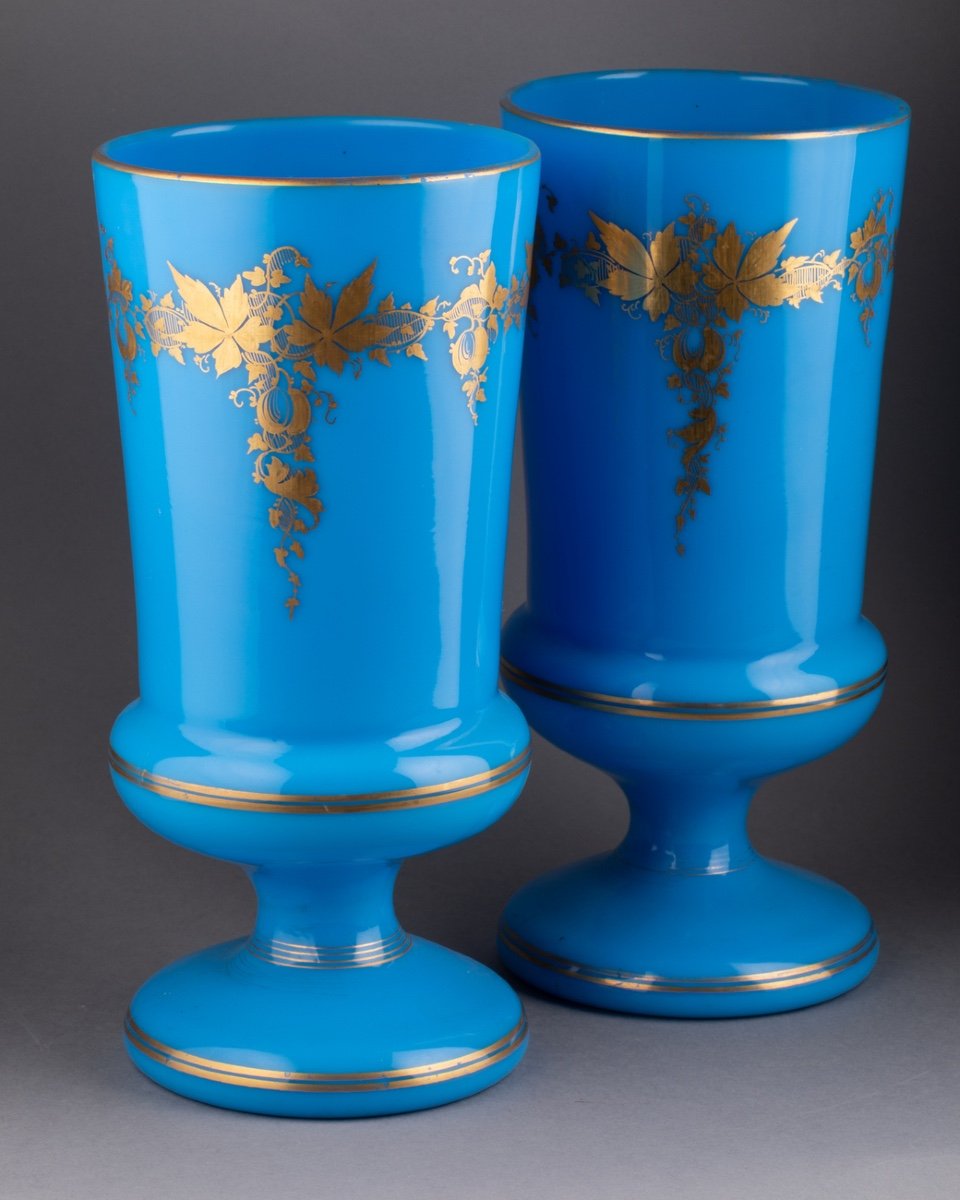 Pair Of Blue Opaline Vases, 19th Century