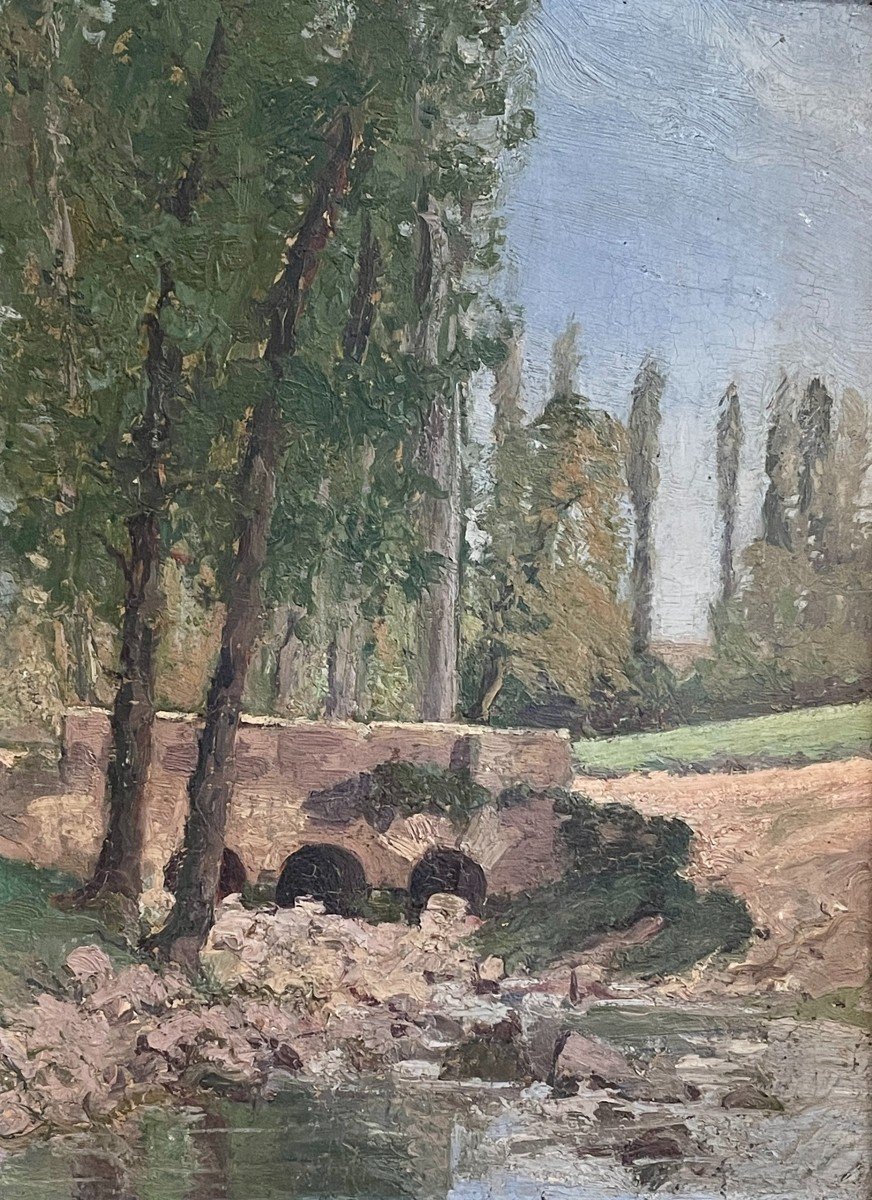 Huile Sur Panneau, Vue D’un Pont, XXe Siècle -photo-3